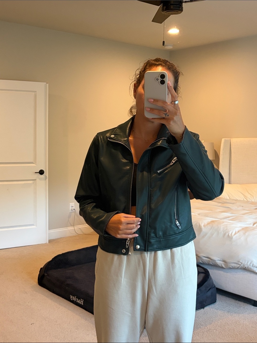 Dark Green Faux Leather Moto Jacket